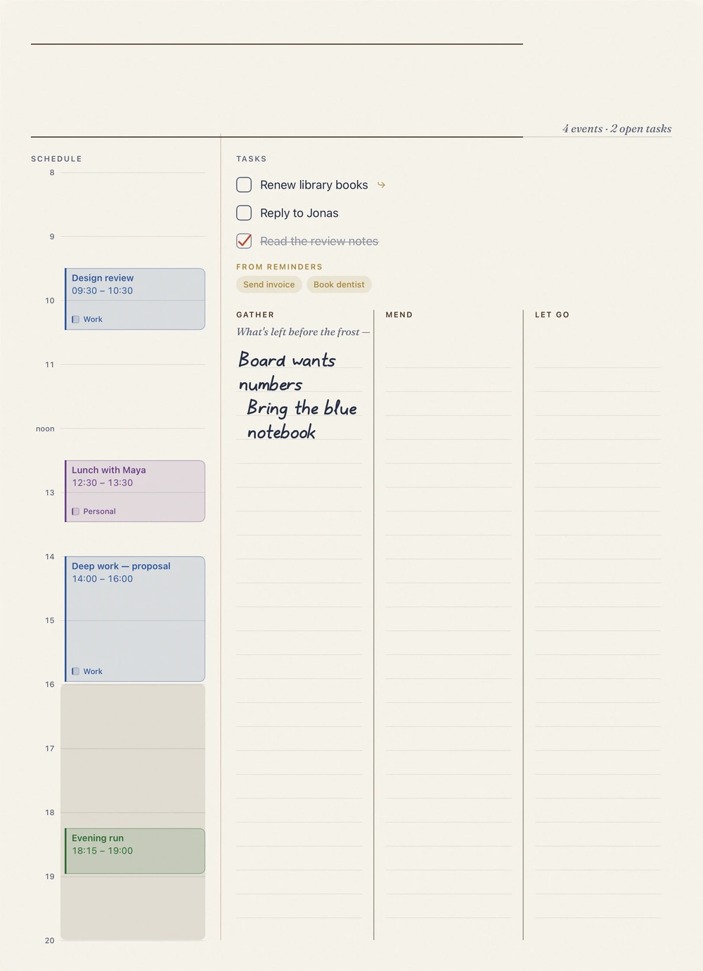Almanac layout: A columned ledger for the last harvest.