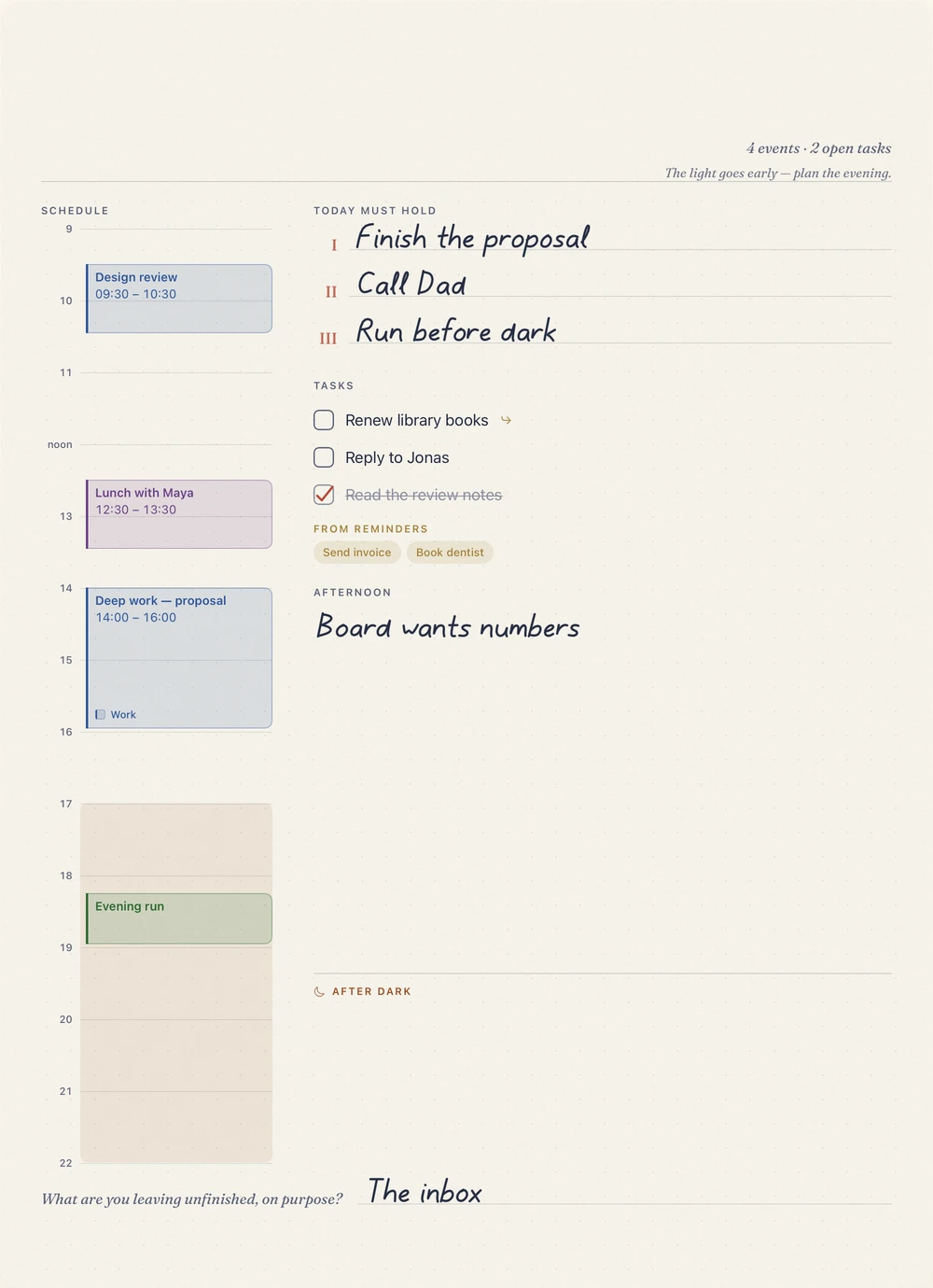 Lantern layout: Short days, warm ink